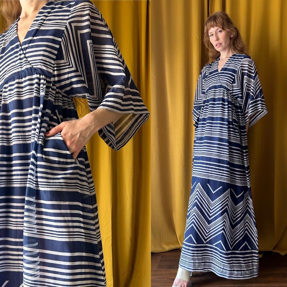 Vintage 1970s Boho Striped Maxi Dress with Flowy Sleeves, Size Small